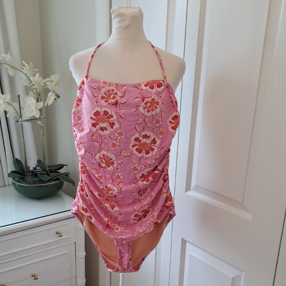 NWOT J.Crew Womens Floral Print Ruched Bandeau One Piece Swimsuit Strap 10